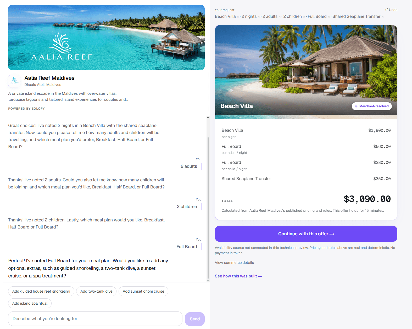 Vibe Shopping with a resolved offer: the merchant's own imagery, the buyer's configuration, an itemised total and the action to continue.